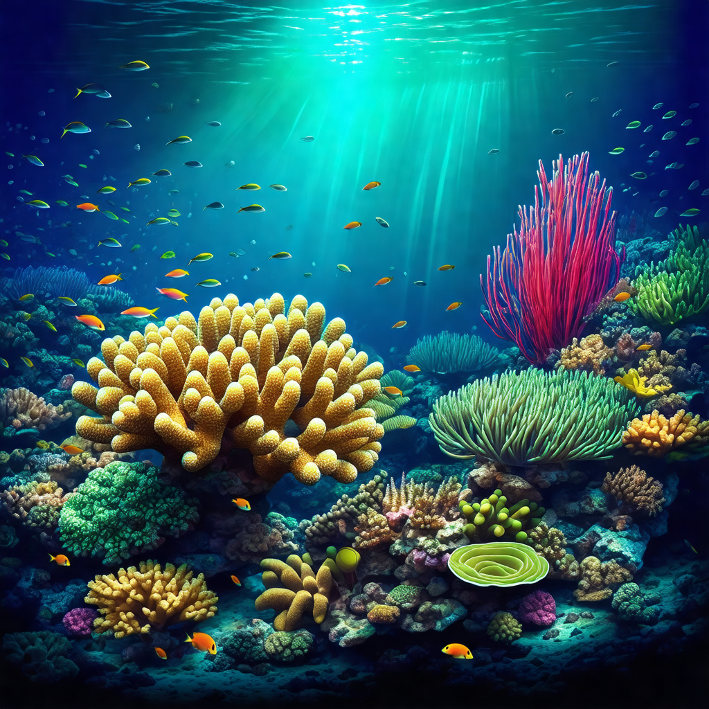 Vibrant underwater scene with a variety of colorful coral...