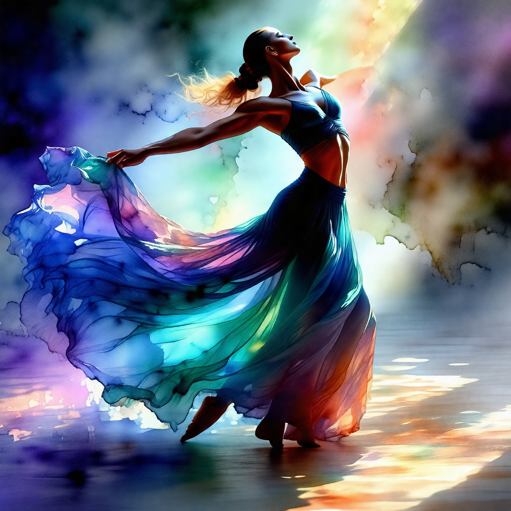 Woman in a flowing dress, dancing gracefully on a stage