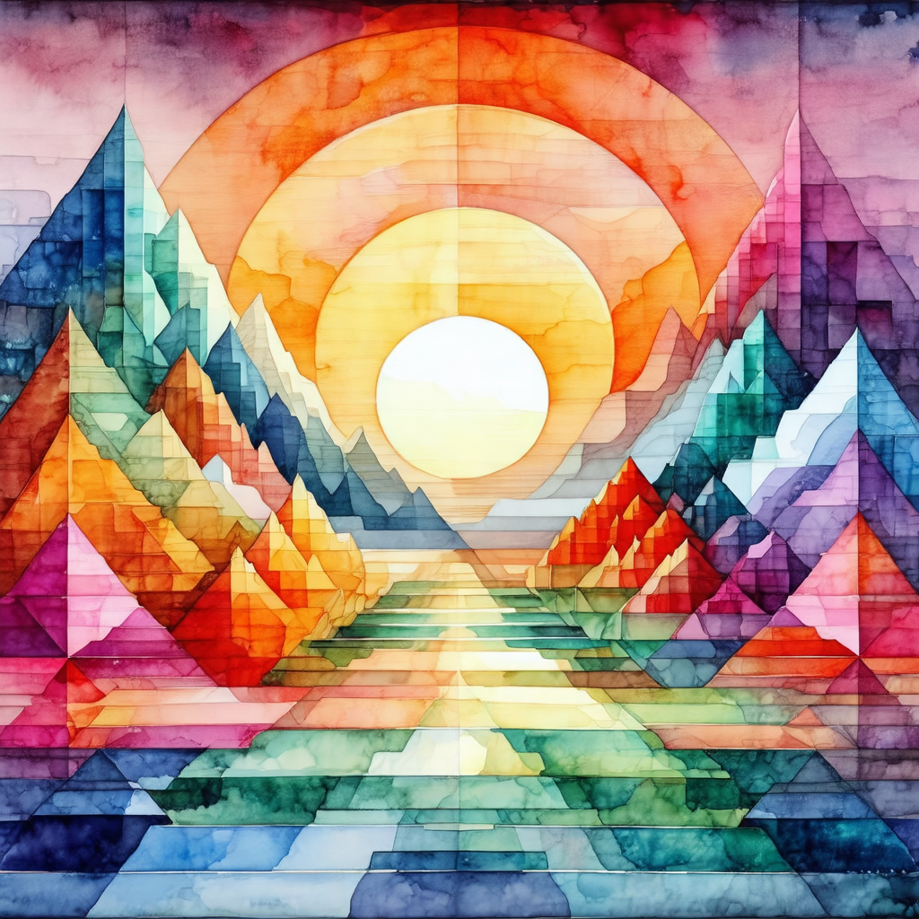 Painting of a sunset with a mountain range in the background