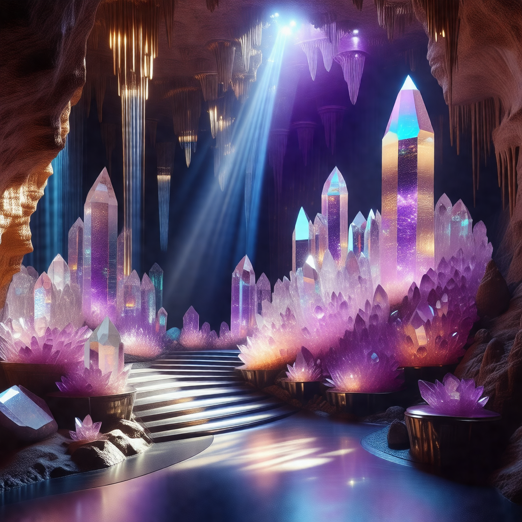 3d computer-generated artwork of a cave with purple cryst...