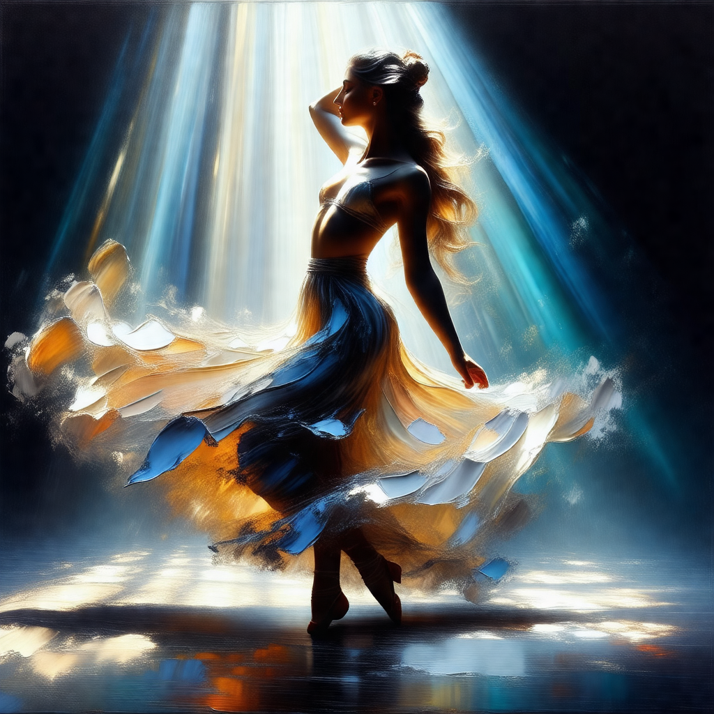 Woman in a blue dress, standing in a room and twirling ar...