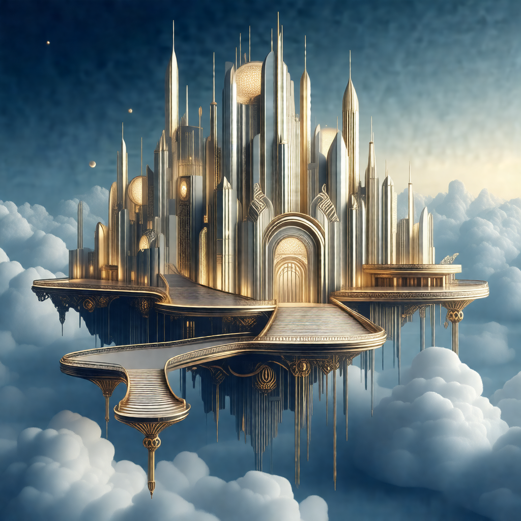 Painting of a fantasy city floating in the sky