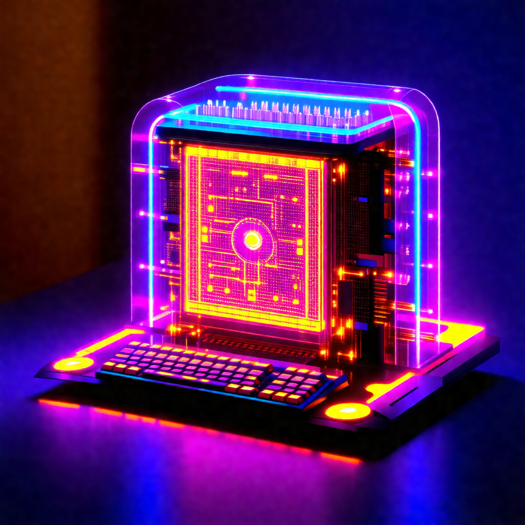 Futuristic computer with a purple glow, sitting on a table