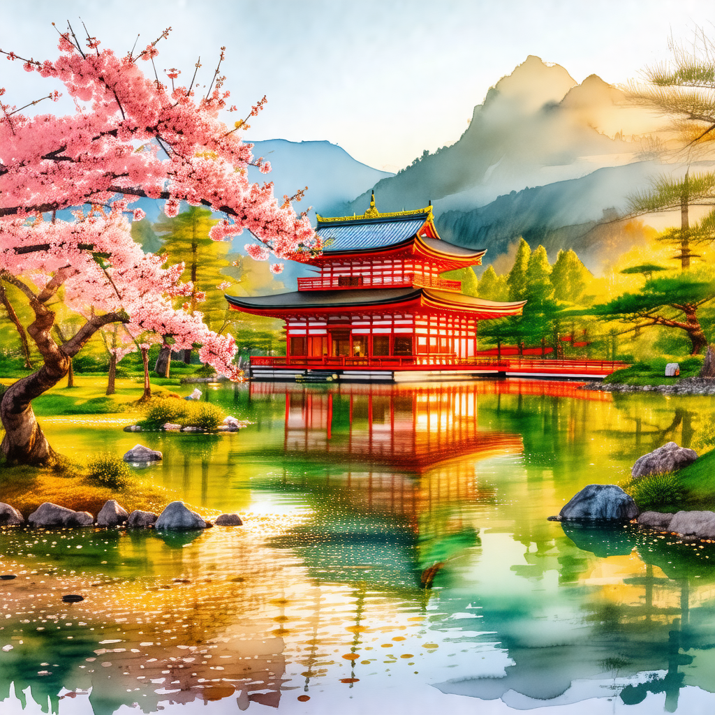 Beautiful scene of a japanese garden with a large red bui...