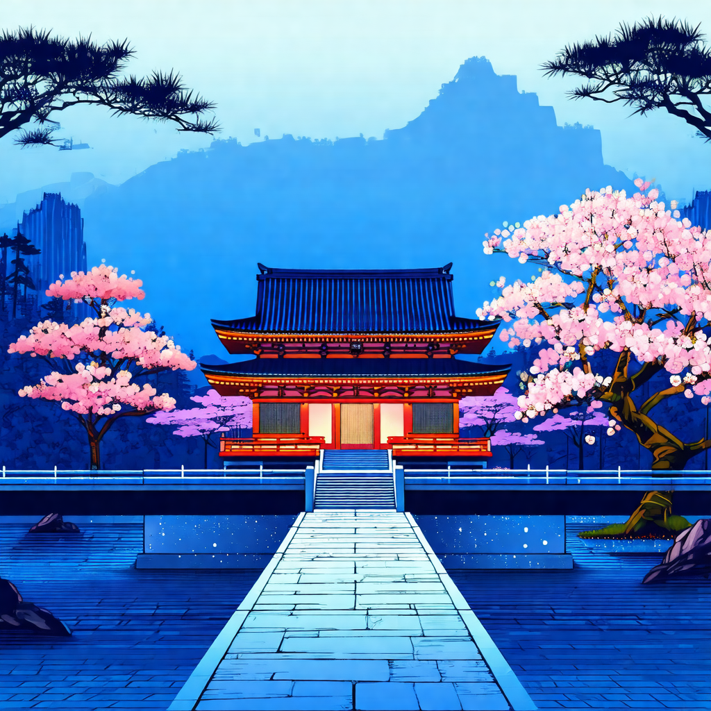 Blue and white painting of a japanese temple