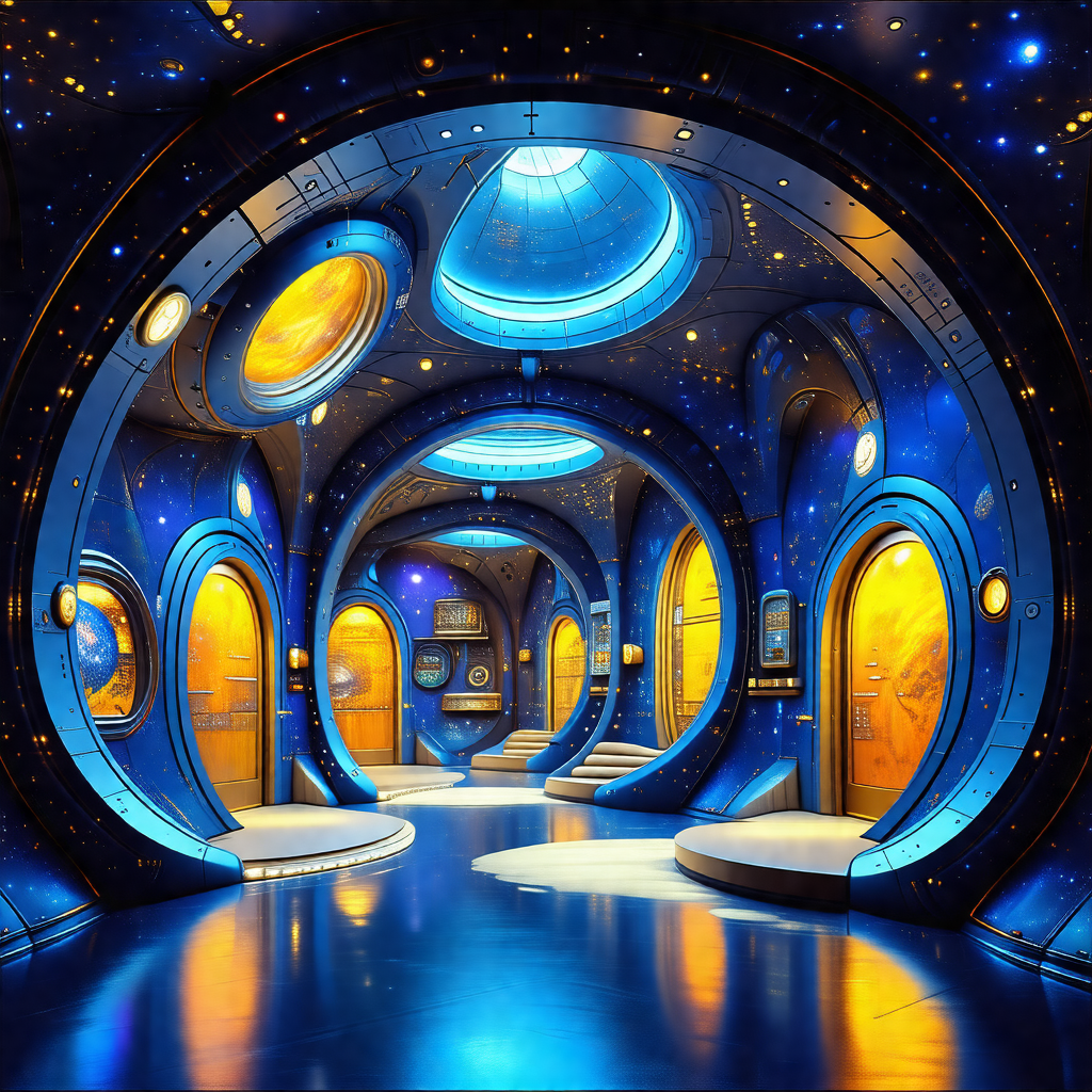 Colorful and detailed illustration of a futuristic space ...