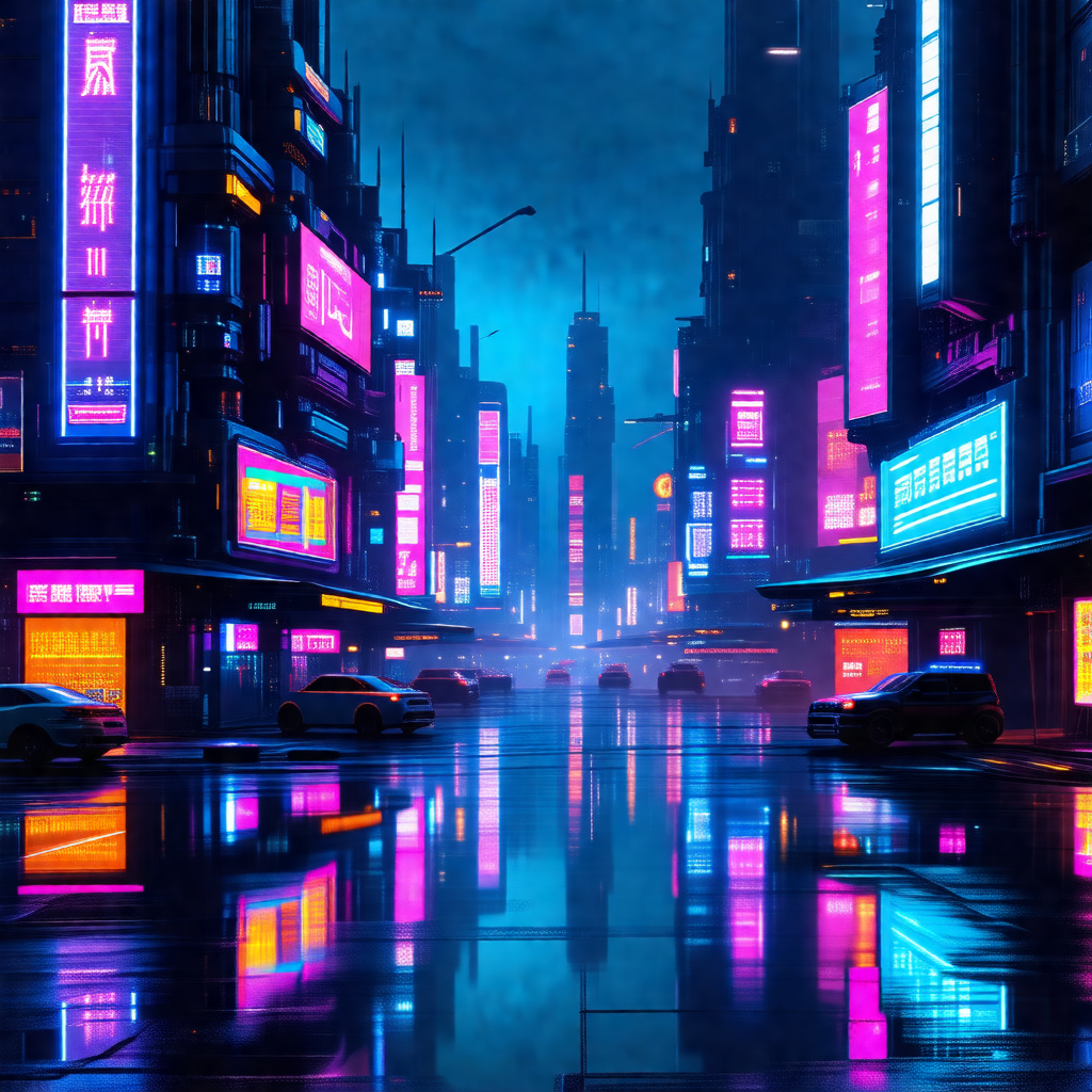 Futuristic cityscape with a rain-soaked street filled wit...