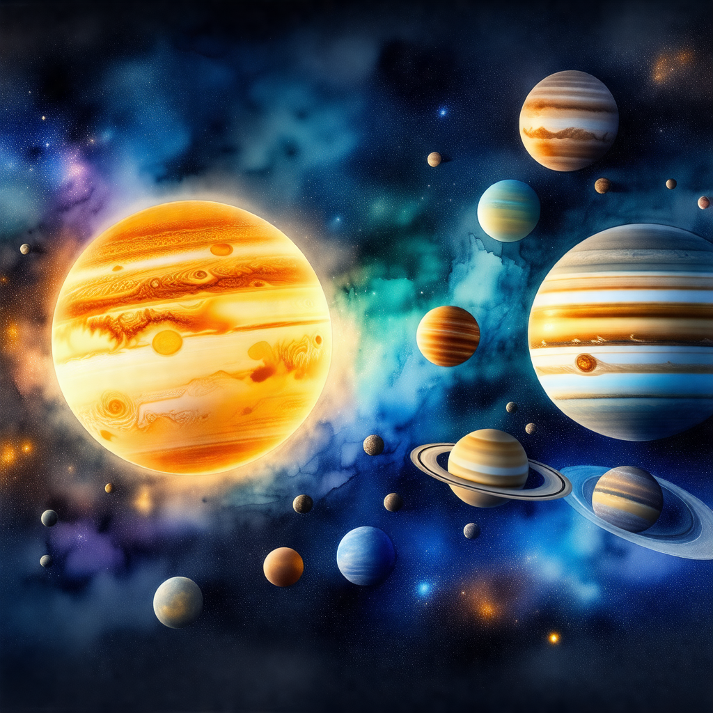 Colorful painting of various planets and their moons