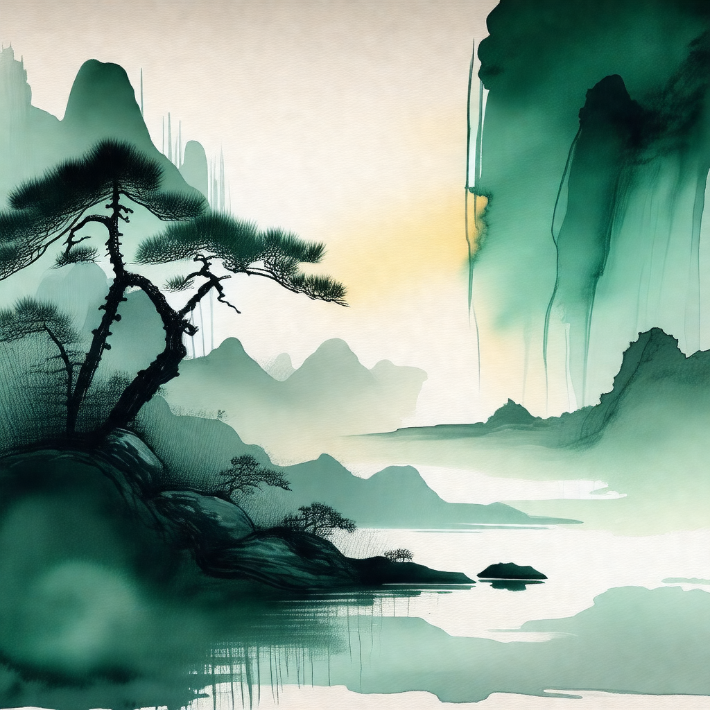 Black and white painting of a mountainous landscape with ...