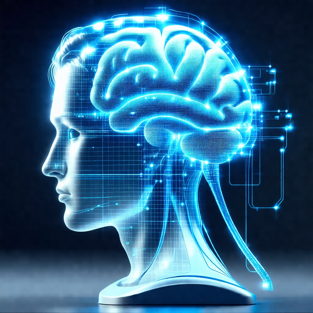 Close-up of a human head with a blue, glowing brain