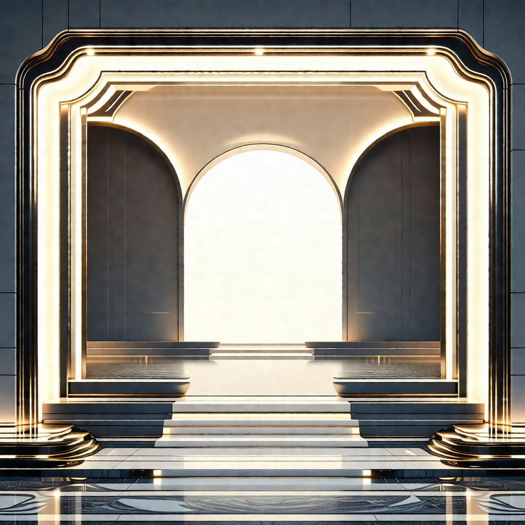 Large, ornate archway with a doorway leading into a building