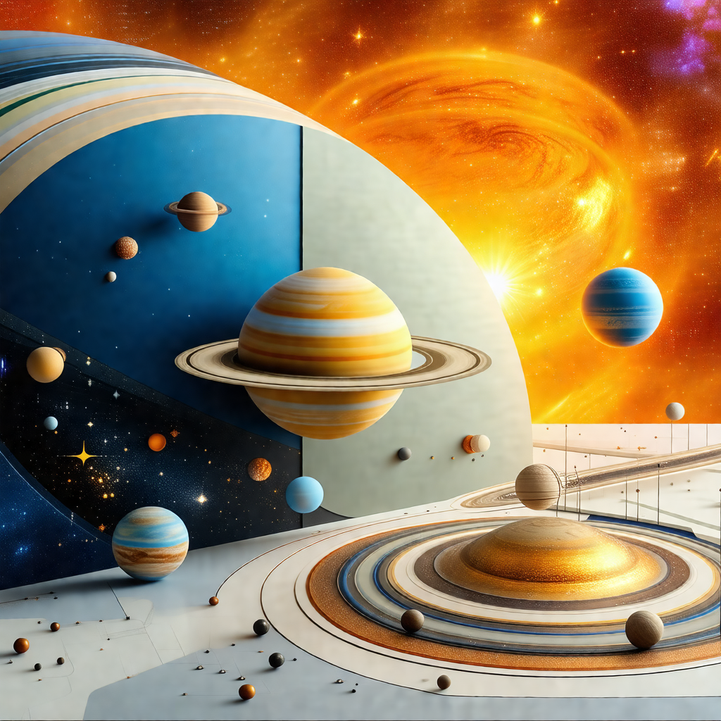 Painting of a solar system, featuring a variety of planet...