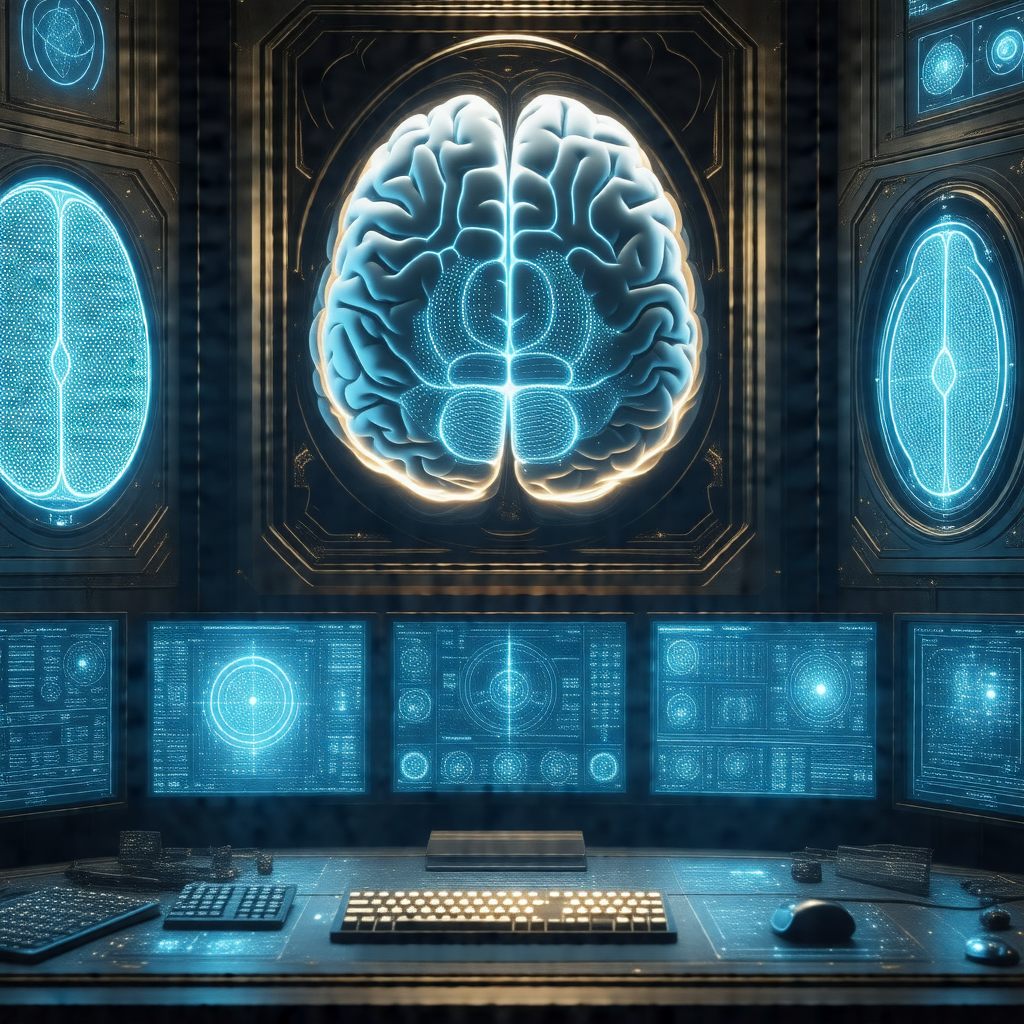 Futuristic computer lab with a large computer screen and ...