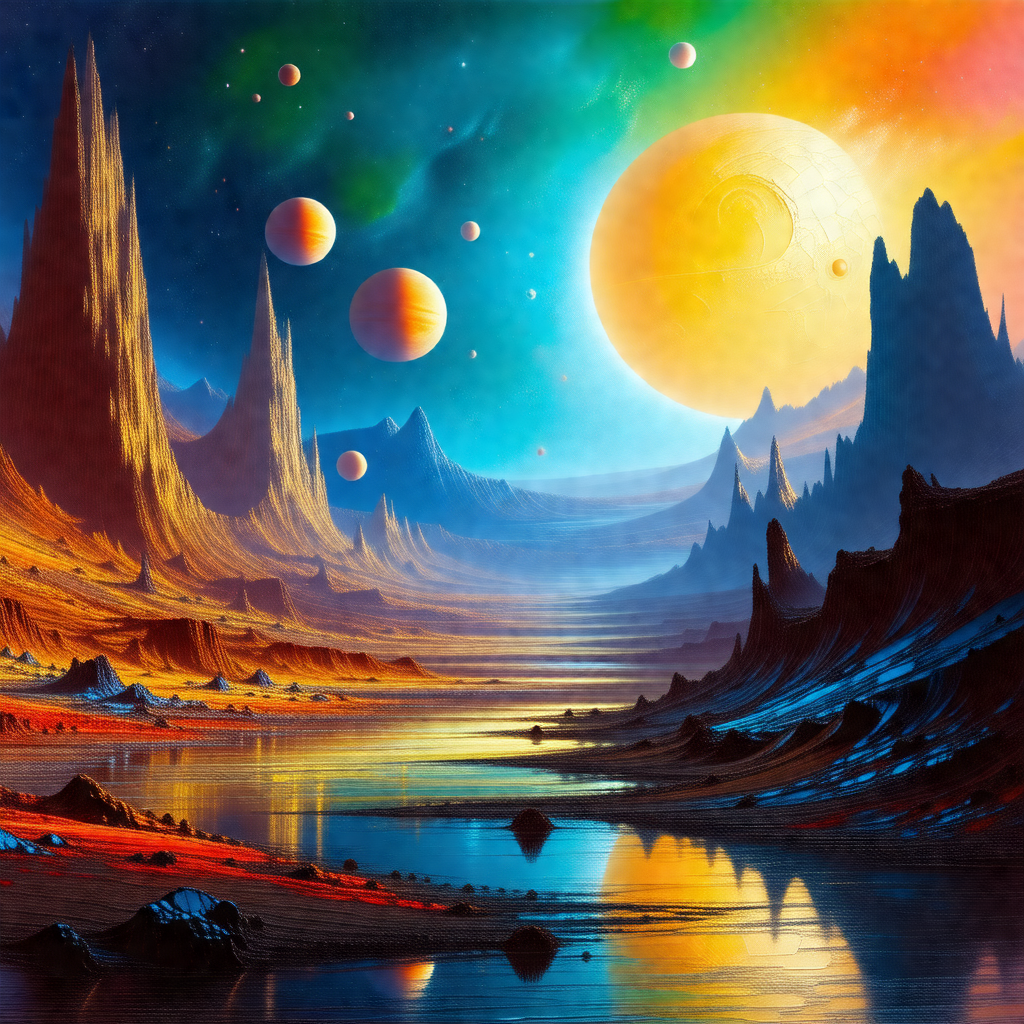 Painting of a futuristic landscape featuring a large, col...