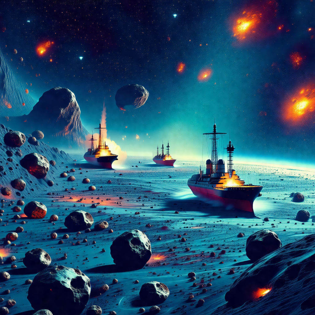 Futuristic scene with a group of three spaceships floatin...