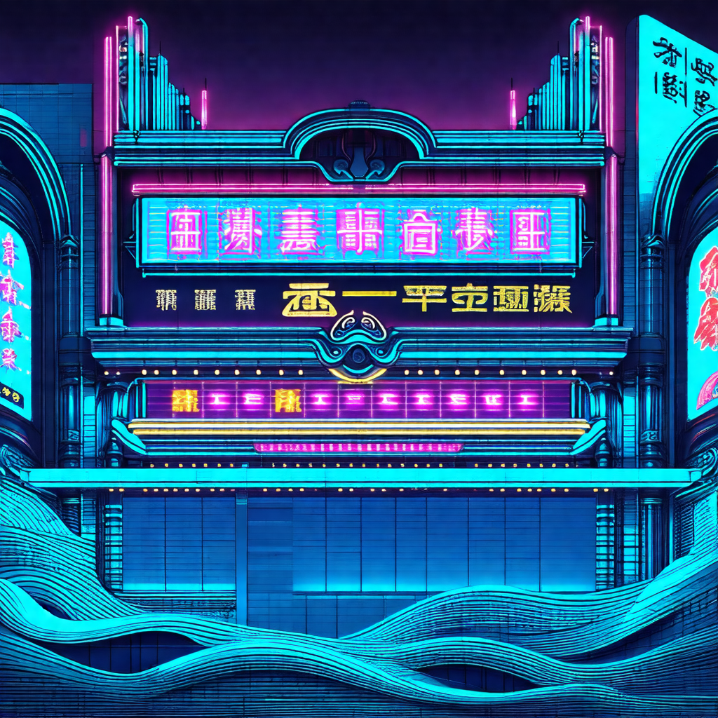 Futuristic, neon-lit scene of a large building with a pro...