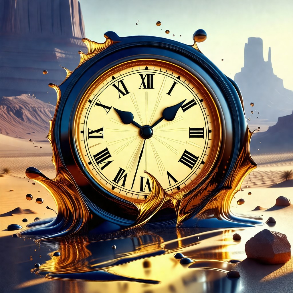 Large, golden clock with roman numerals, placed in a dese...
