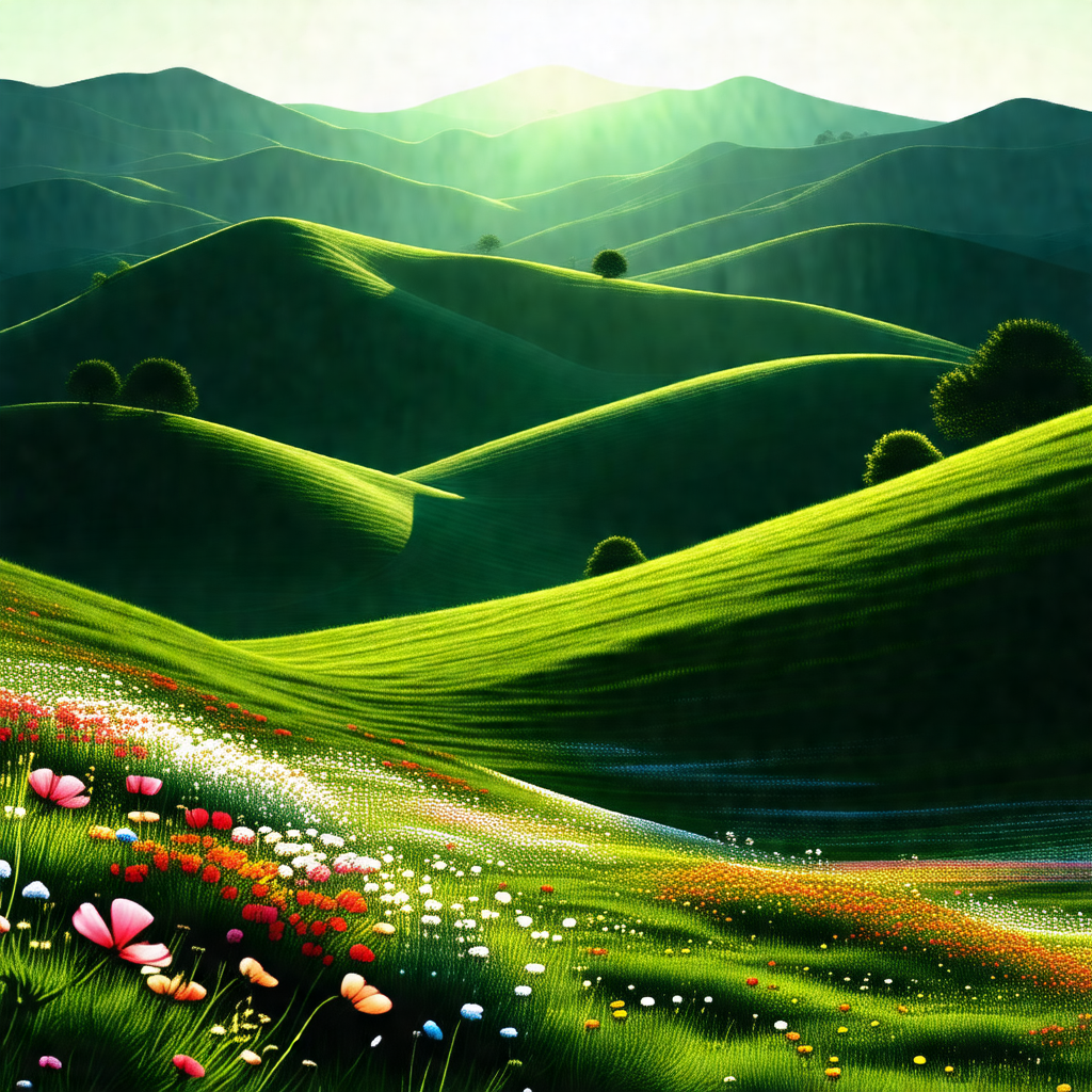 Painting of a lush green hillside with a beautiful mounta...