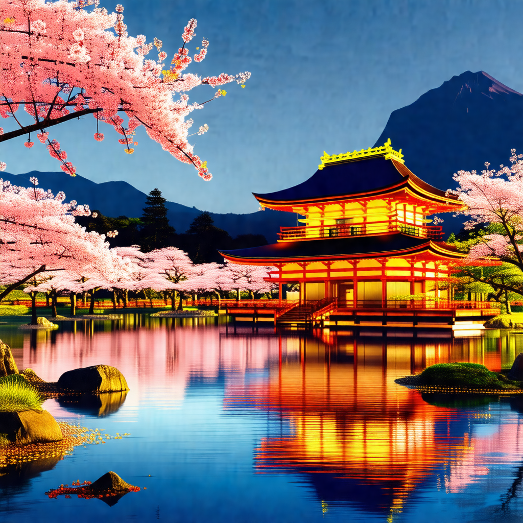 Beautiful japanese garden with a large red building, poss...