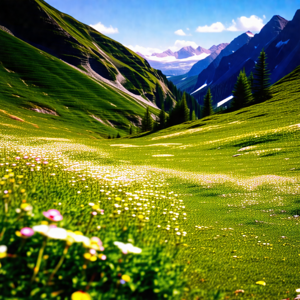 Lush green field with a mountain range in the background