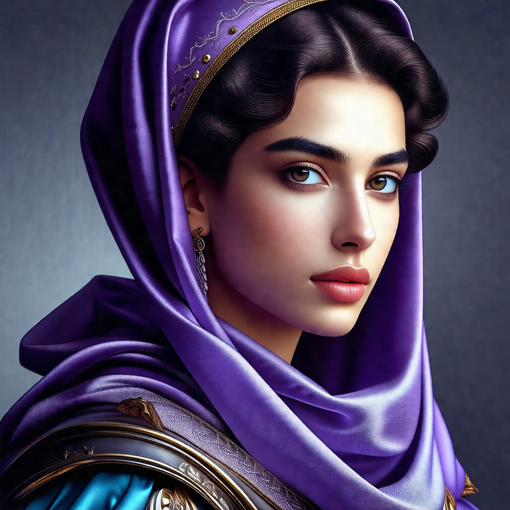 Woman with long, dark hair, wearing a purple headscarf