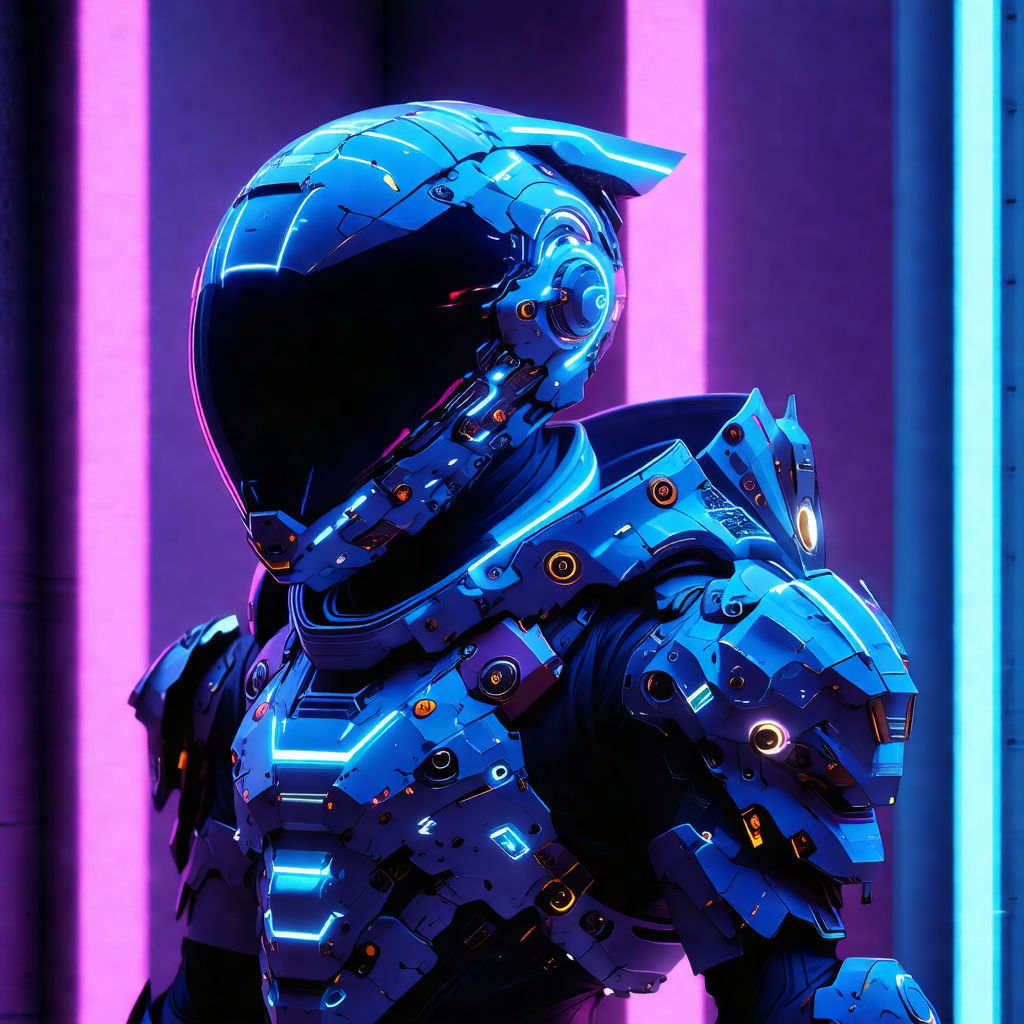 Futuristic robot with a blue helmet, standing in a room w...