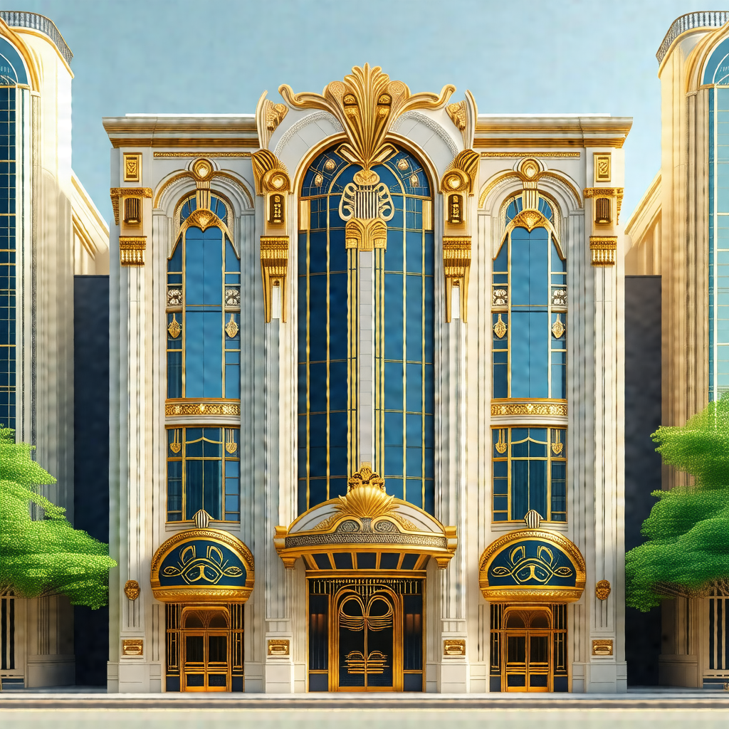 Drawing of a large, ornate building with a gold and white...
