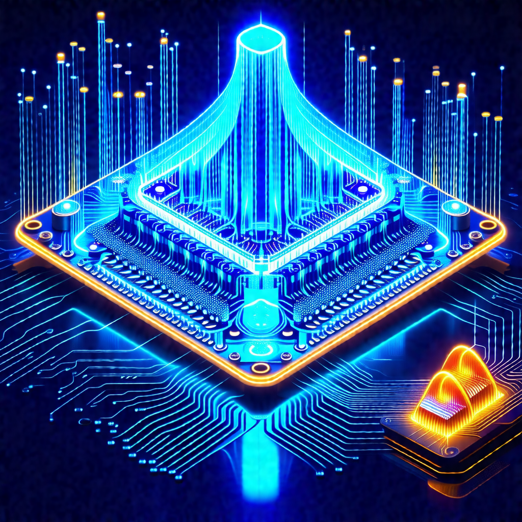 Futuristic cityscape with a large, blue, illuminated stru...
