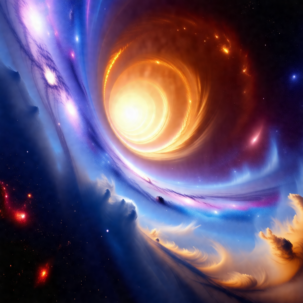 Vibrant and colorful space scene, featuring a large, swir...
