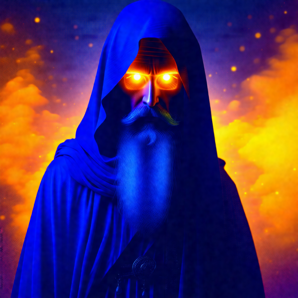 Man wearing a blue robe and a hood, with a long beard