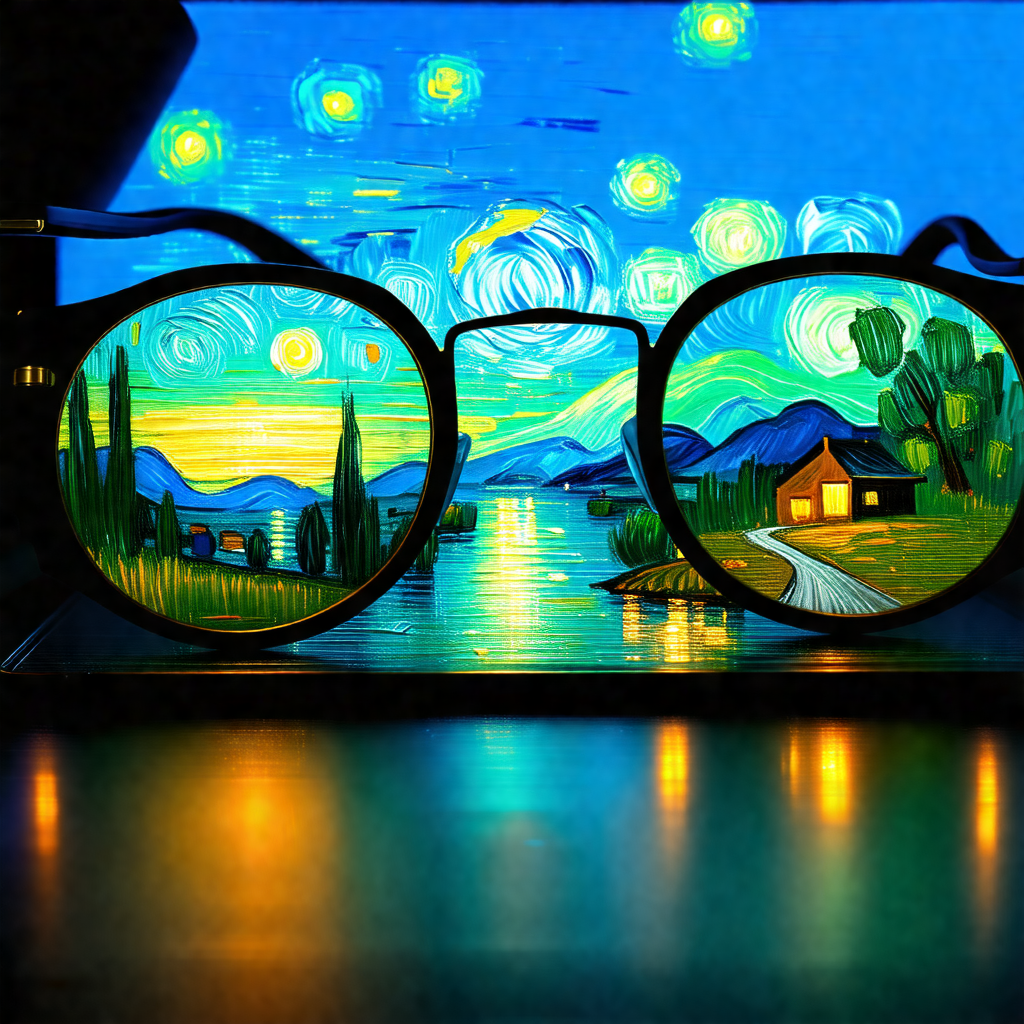 Pair of glasses with a painting of a sunset on the lenses