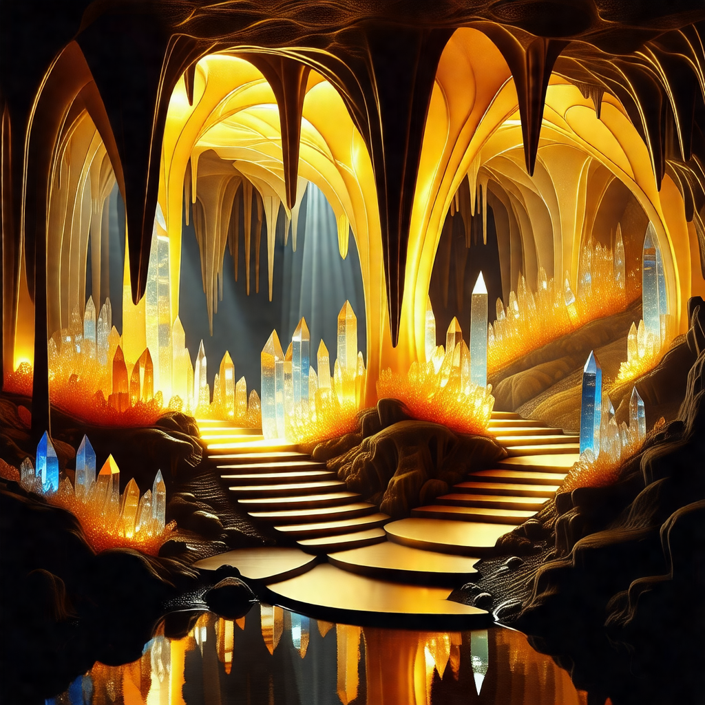 Cave with a staircase leading to a brightly lit area
