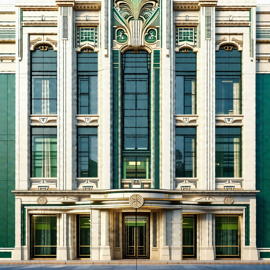 Large, ornate building with a prominent green and white f...