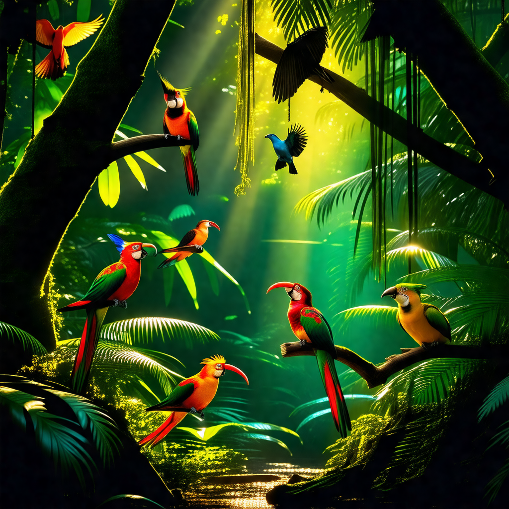 Lush green forest filled with a variety of colorful birds