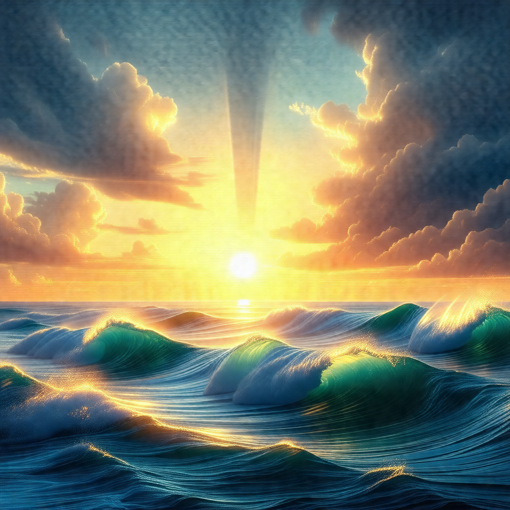 Beautiful sunset over a vast body of water, possibly the ...