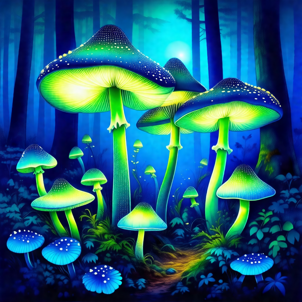 Forest with a group of mushrooms growing on the ground