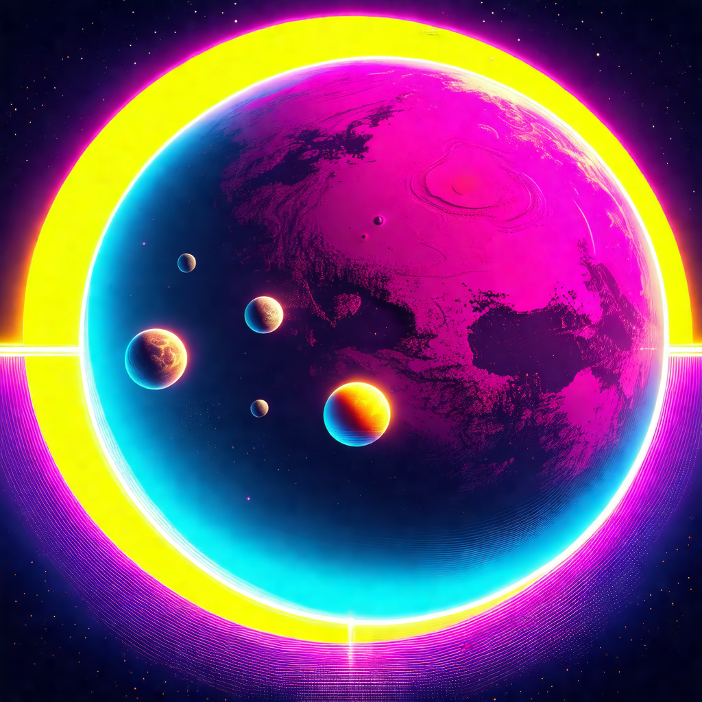 Purple and yellow planet with a ring around it