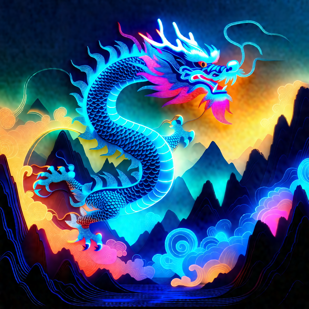 Vibrant and colorful dragon, with its body painted in sha...