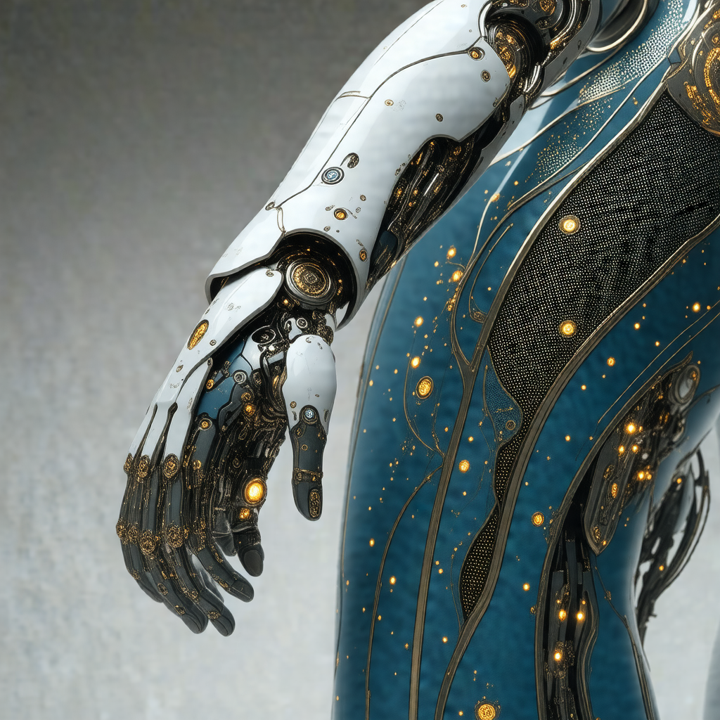 Futuristic robot with a blue and gold body, standing in a...