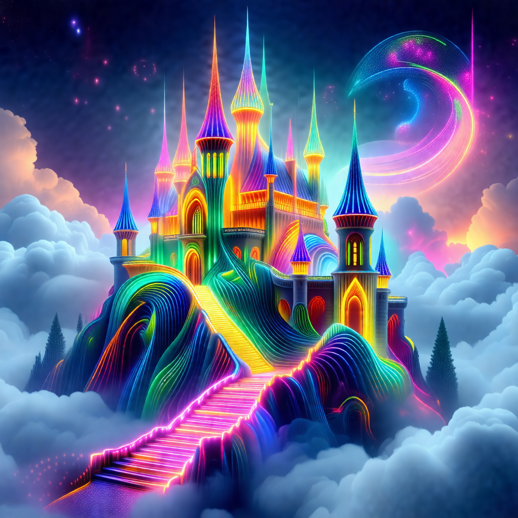 Colorful and imaginative painting of a castle, which appe...
