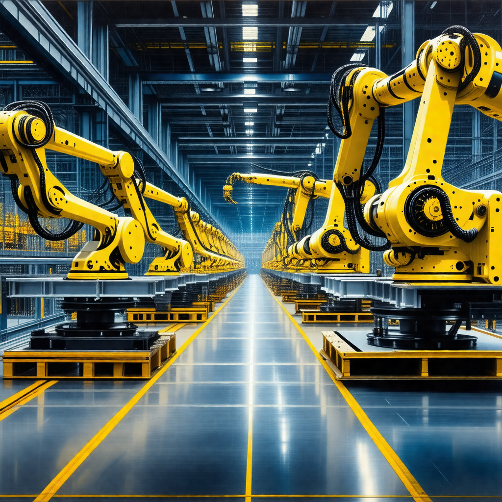 Factory with a long row of yellow robots lined up on a co...