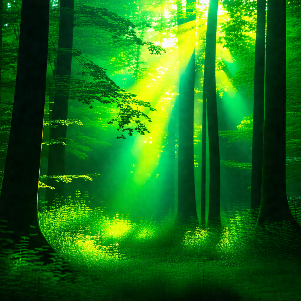 Lush green forest with a bright sun shining through the t...