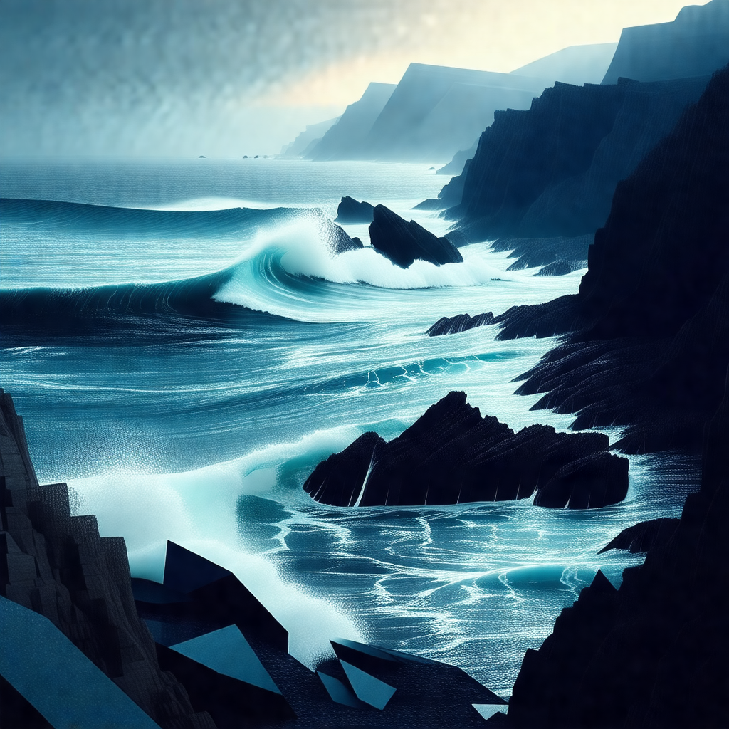 Black and white painting of a rocky coastline with a larg...