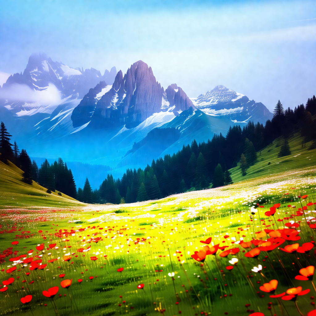 Beautiful mountain landscape with a lush green field and ...