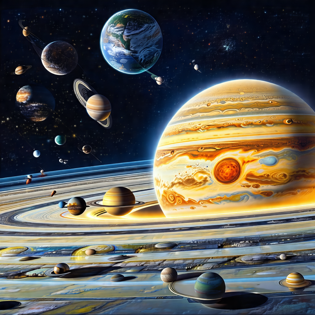 Painting of a solar system, featuring a large, yellow pla...