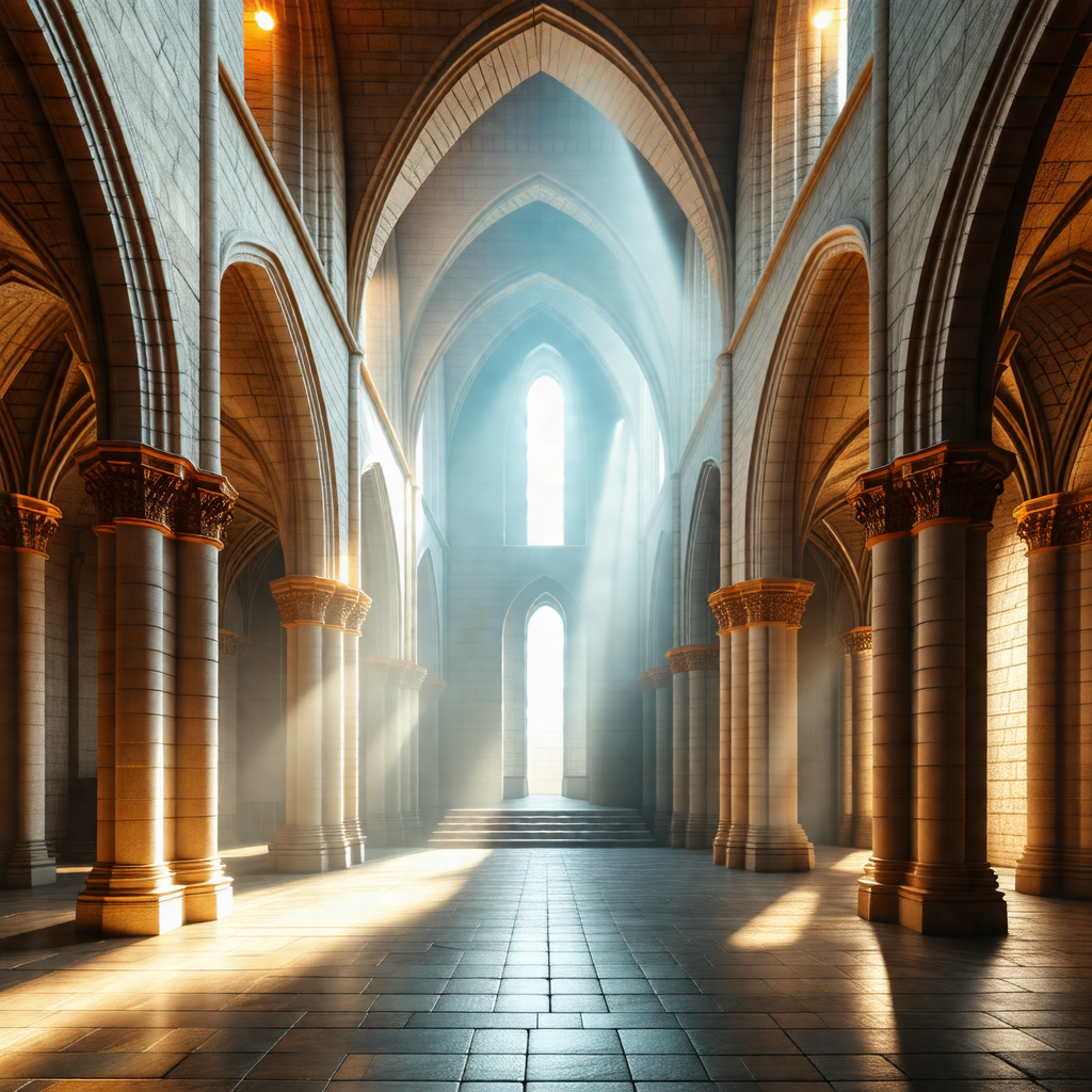 Large, empty cathedral with a long, narrow hallway