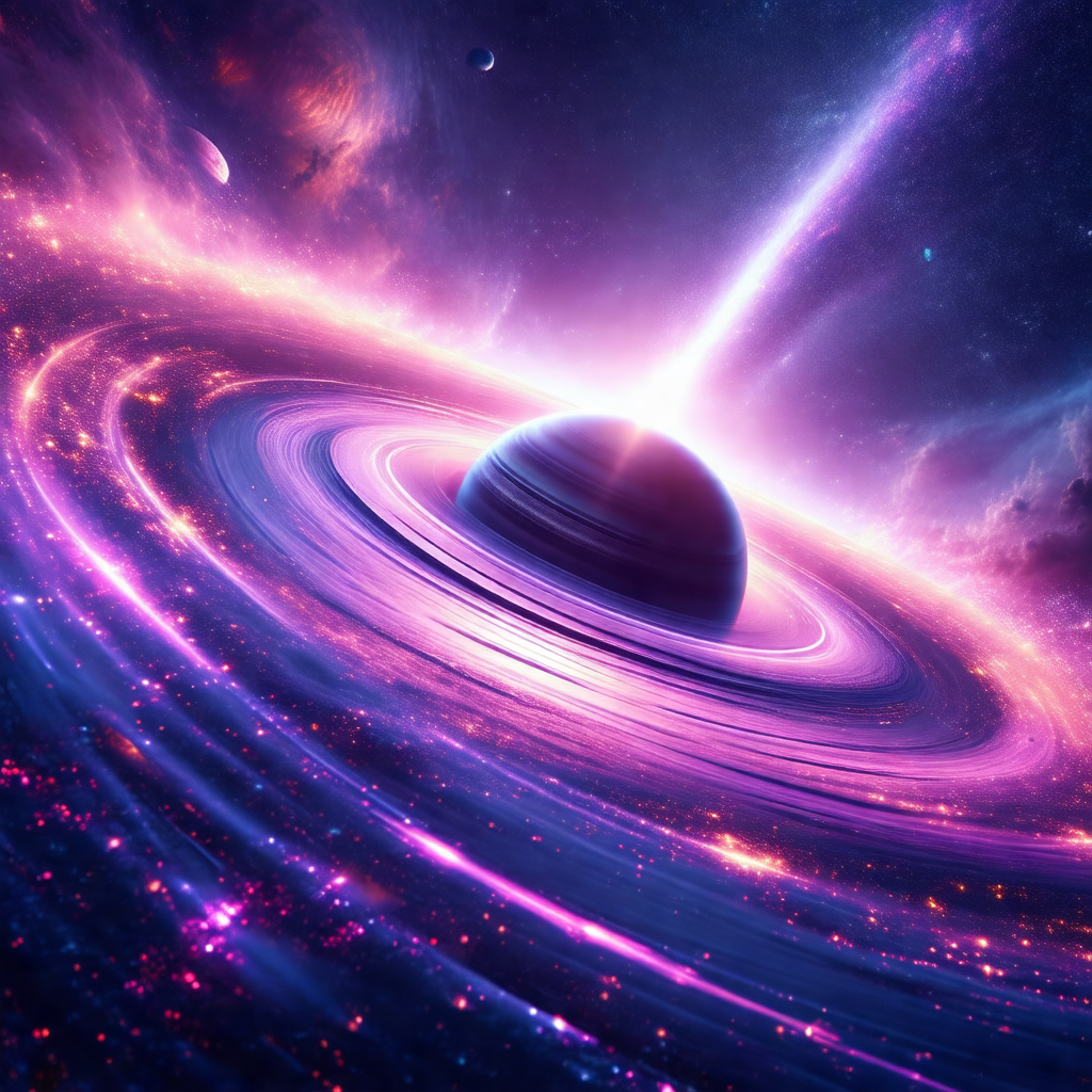 Purple and pink nebula with a black hole in the center