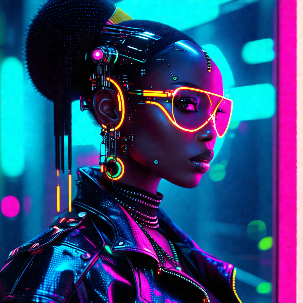 Woman wearing a futuristic outfit, including a black jack...