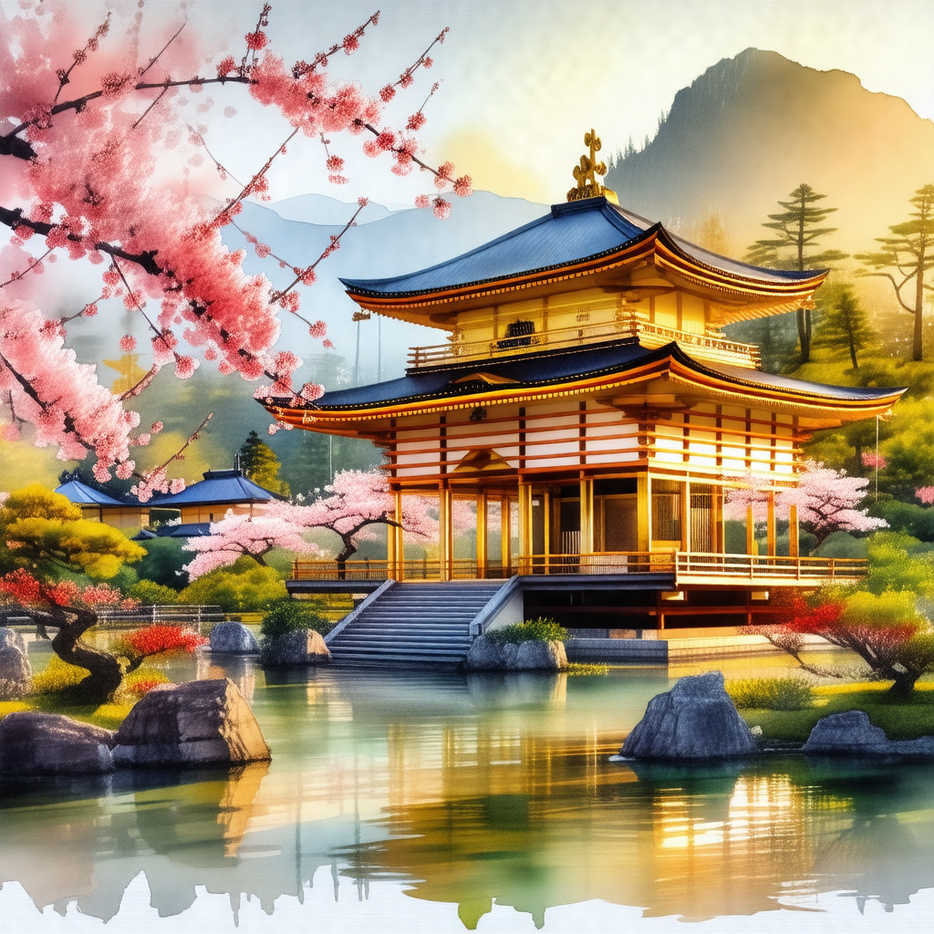 Beautiful japanese garden with a large, ornate building i...