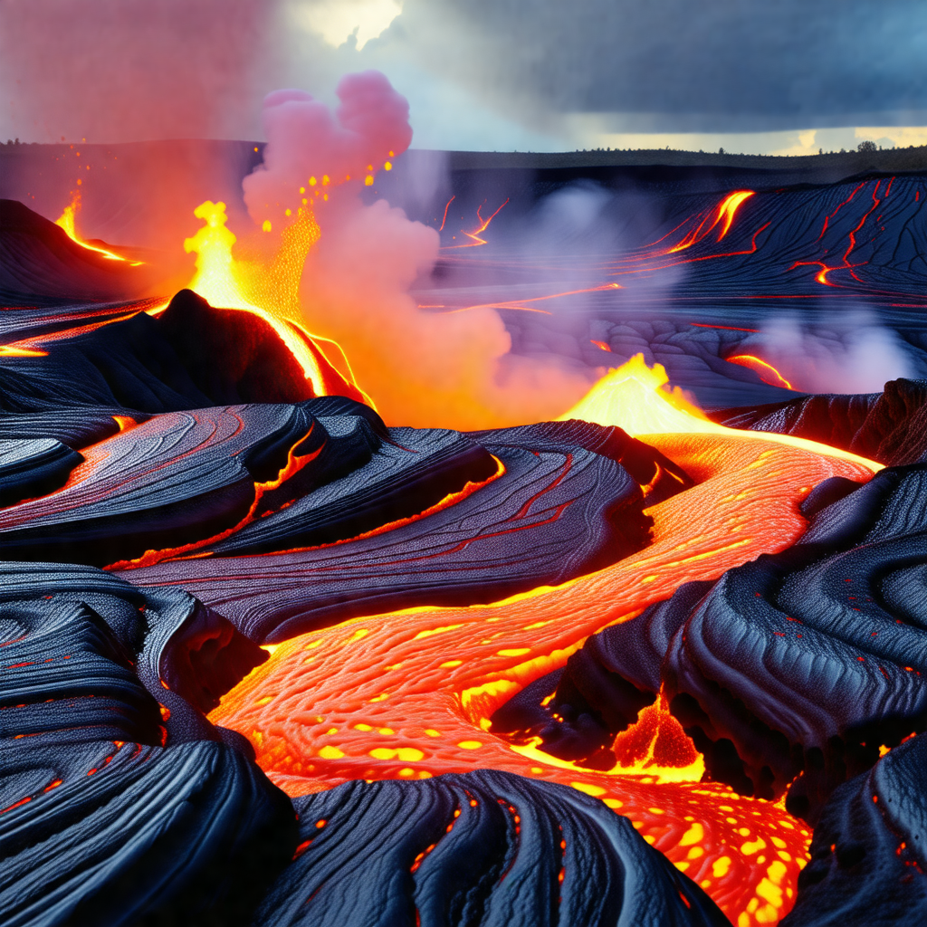 Volcanic landscape with a river of lava flowing through it